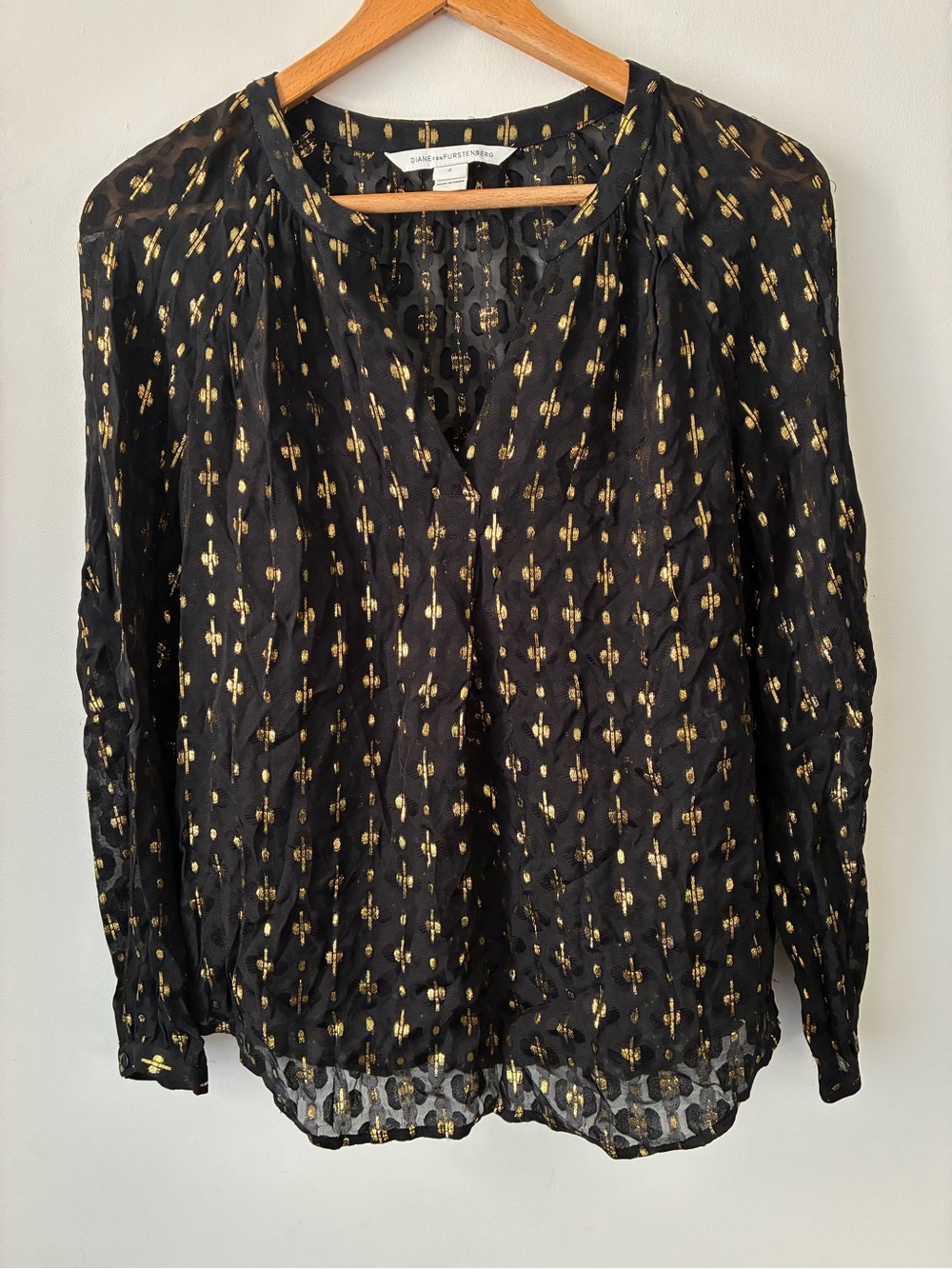 Diane von Furstenberg Blouse Women’s 2 Silk Black Gold Silk Metallic Jacquard